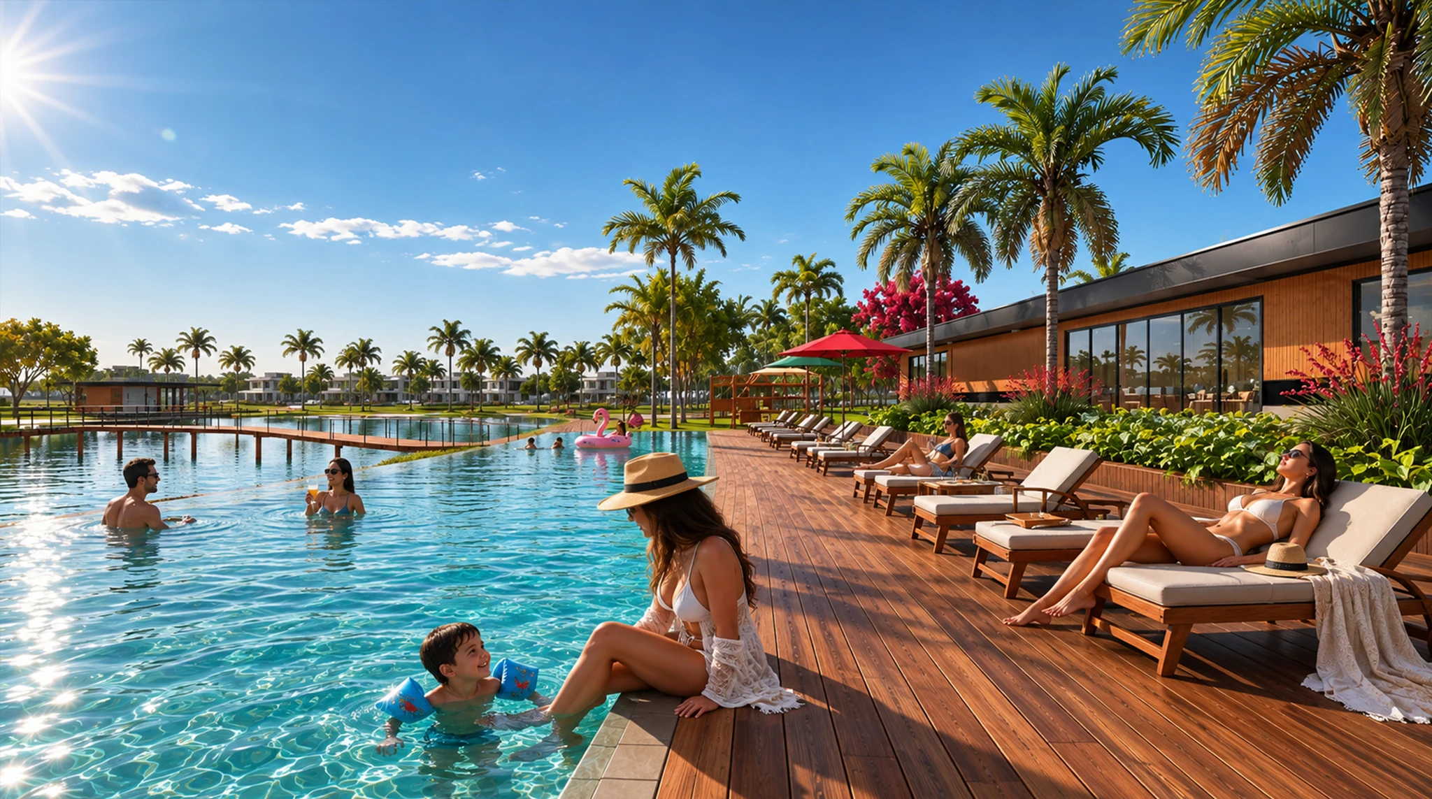 Piscina do Porto Madeira com famílias, espreguiçadeiras e paisagismo tropical